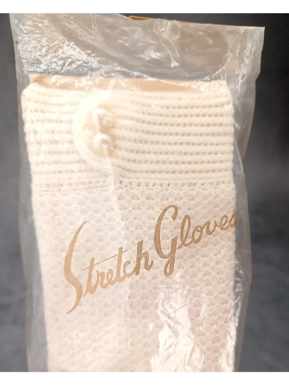 Cream White Fishnet Stretch Gloves /Pearl Buttons Formal 7.5